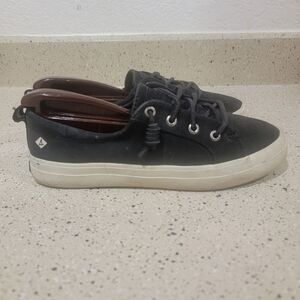 Sperry Crest Vibe Women Size 6 Sneaker Black Leather with Laces STS82399